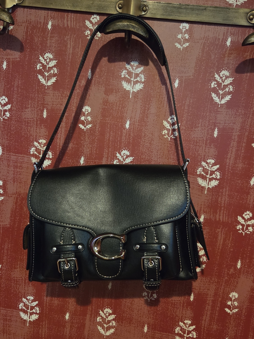 FAUX Black Leather Shoulder Bag with Buckle Accent